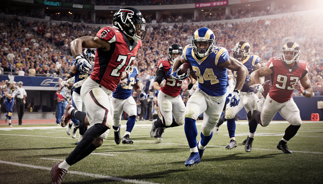 Matt Robinson sprinting down the field with a 93-yard touchdown run and Atlanta Falcons defenders behind him