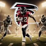 Bijan Robinson sprinting toward the end zone with two defenders chasing him and Falcons logo lighting stadium