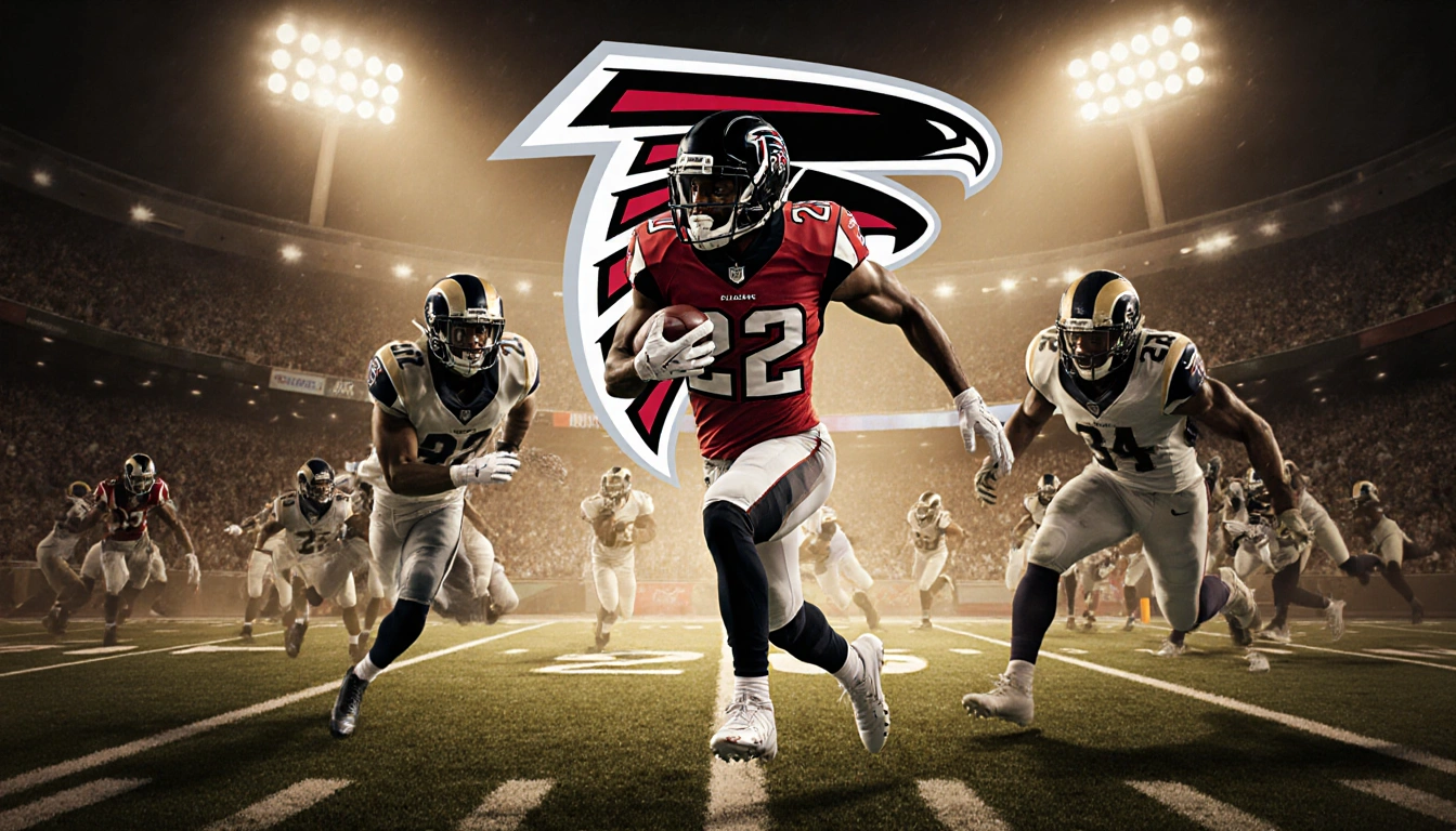 Bijan Robinson sprinting toward the end zone with two defenders chasing him and Falcons logo lighting stadium