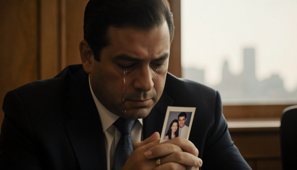 Mayor Marty Small sits in courtroom holding a photograph with tears glistening and a cityscape in window