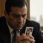 Mayor Marty Small sits in courtroom holding a photograph with tears glistening and a cityscape in window