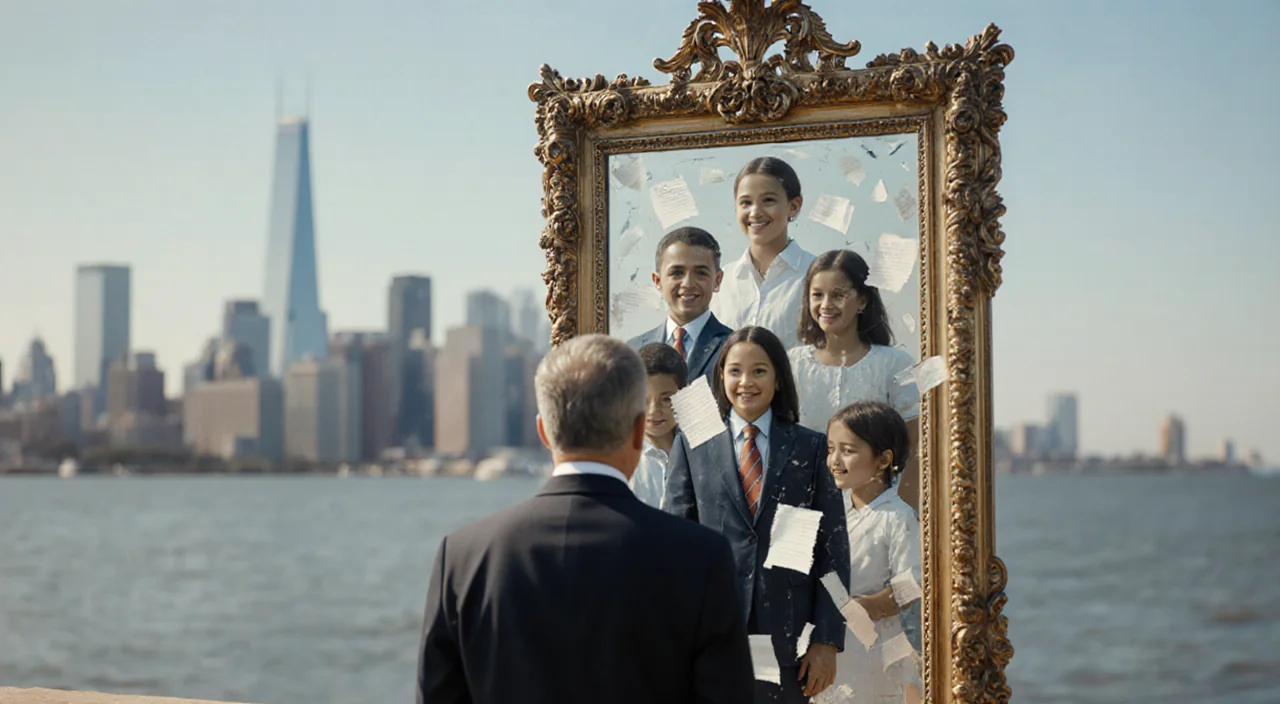 Mayor standing before mirror with reflections of children and adults amid torn papers and Atlantic City skyline.