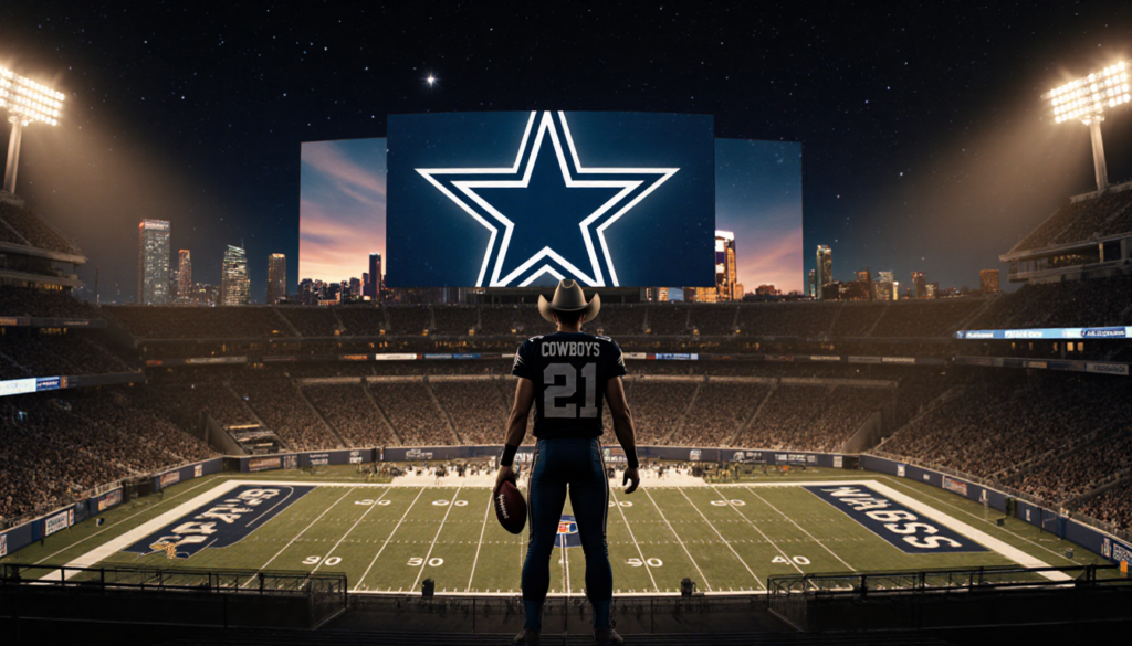 Cowboy standing atop AT&T Stadium with Cowboys logo glowing above and Vikings logo visible below under starry night sky