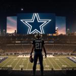 Cowboy standing atop AT&T Stadium with Cowboys logo glowing above and Vikings logo visible below under starry night sky