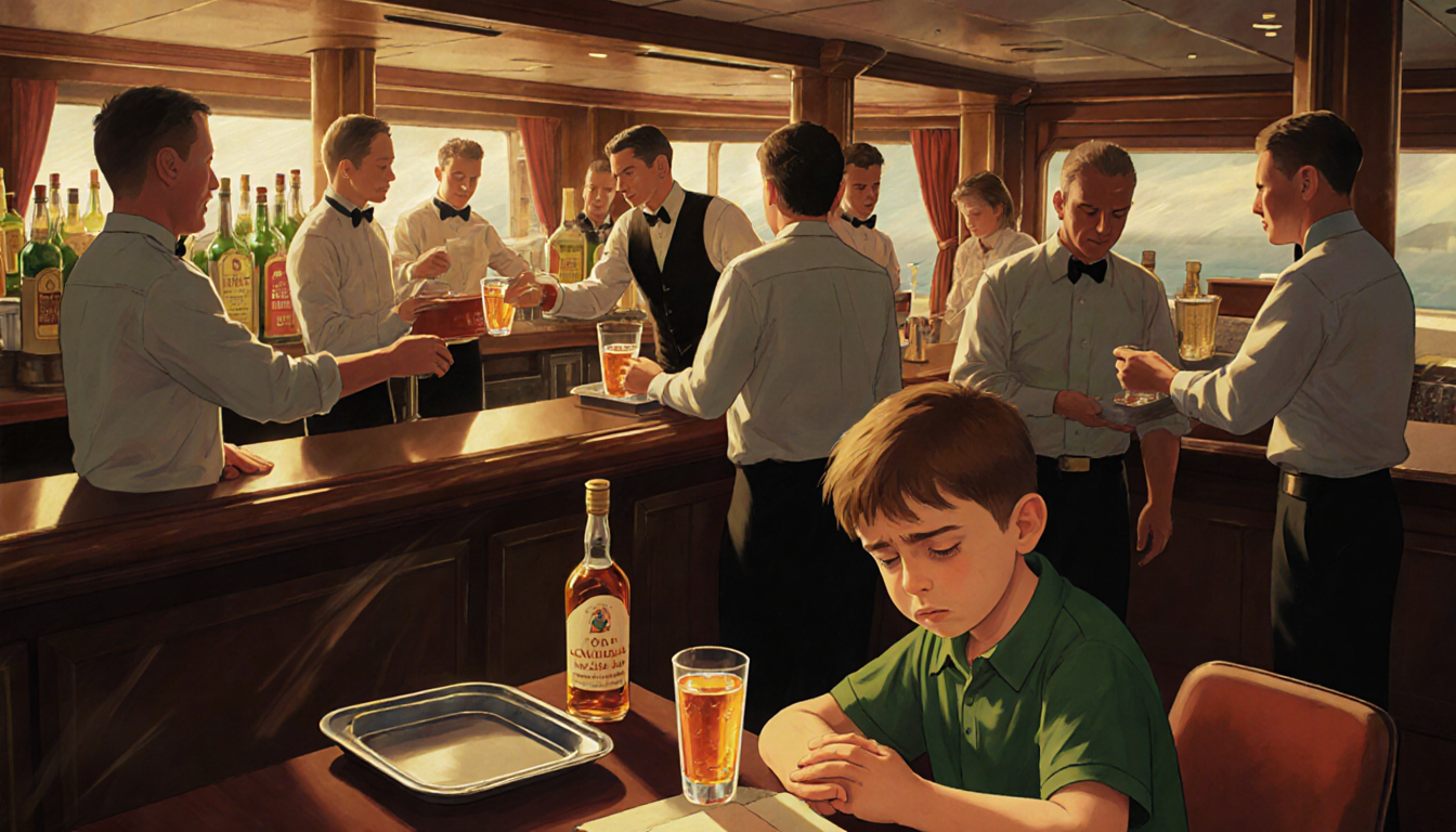 Boy with autism sits at a cluttered bar with an empty tray and bottles nearby showing anxiety