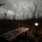 Shattered wooden bench with faint handprint under autumn trees and lantern casting eerie light on distant silhouette.