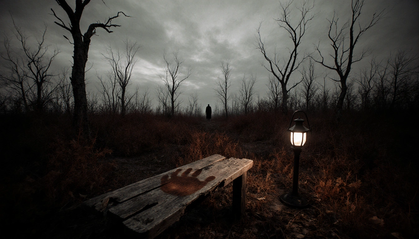 Shattered wooden bench with faint handprint under autumn trees and lantern casting eerie light on distant silhouette.
