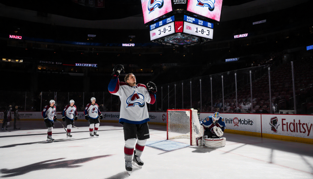 Avalanche player holds up jersey with Colorado logo while Flyers goalie slumps in background and scoreboard reads 3-2.