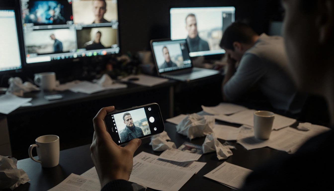 Smartphone screen showing a blurry Avengers trailer clip with cluttered newsroom and a hunched figure near coffee cups.