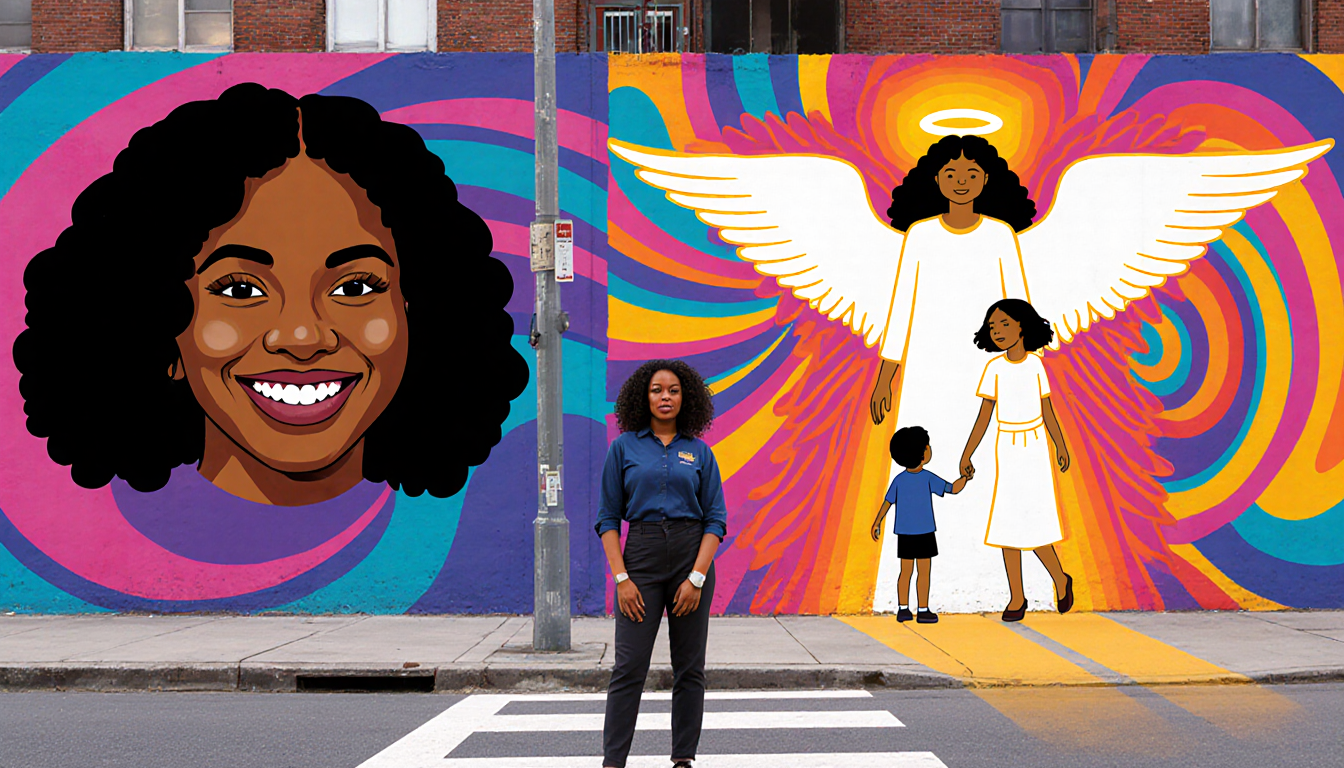 Ayeshia Poole standing on a city street with a street mural of Jayanna smiling and an angel holding a girl conveying hope.