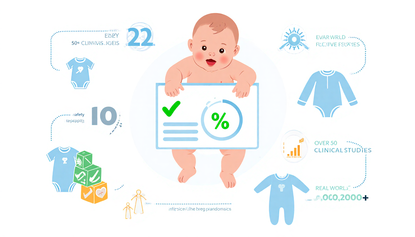 Baby health chart shows green checkmark and % symbol with no RSV infant safety issues and charts of 50+ clinical studies