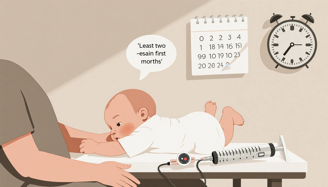 Baby resting on examination table with thermometer and vaccine syringe nearby calm calendar background