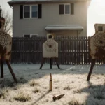 Rusty shooting targets lying on snowy grass with a single bullet casing and a wooden fence behind a darkened suburban house