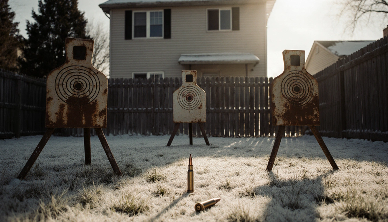 Rusty shooting targets lying on snowy grass with a single bullet casing and a wooden fence behind a darkened suburban house