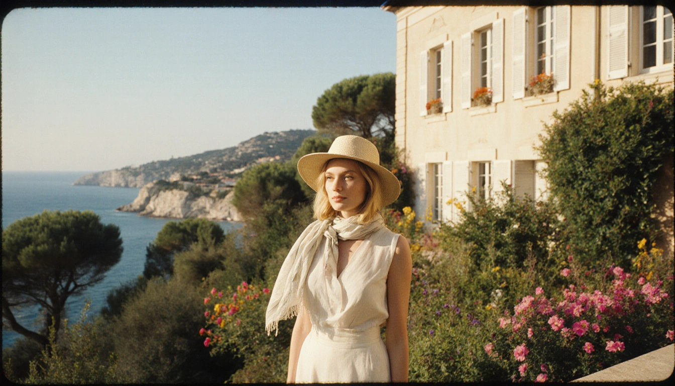 Brigitte Bardot standing before La Madrague with a simple elegant dress and golden Mediterranean light illuminating blooming