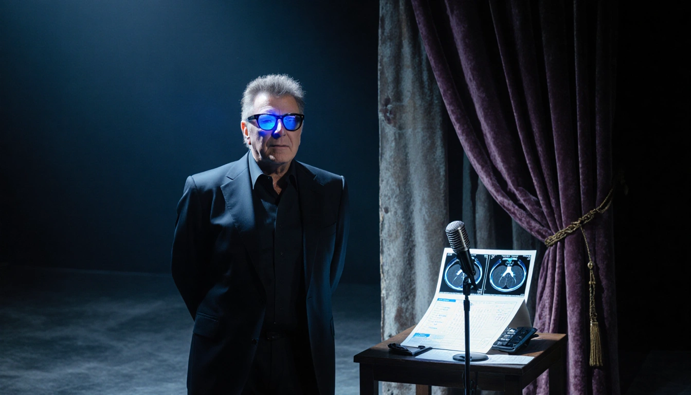 Barry Manilow standing before dim stage with blue glow on his face and a medical chart and MRI scan near the mic