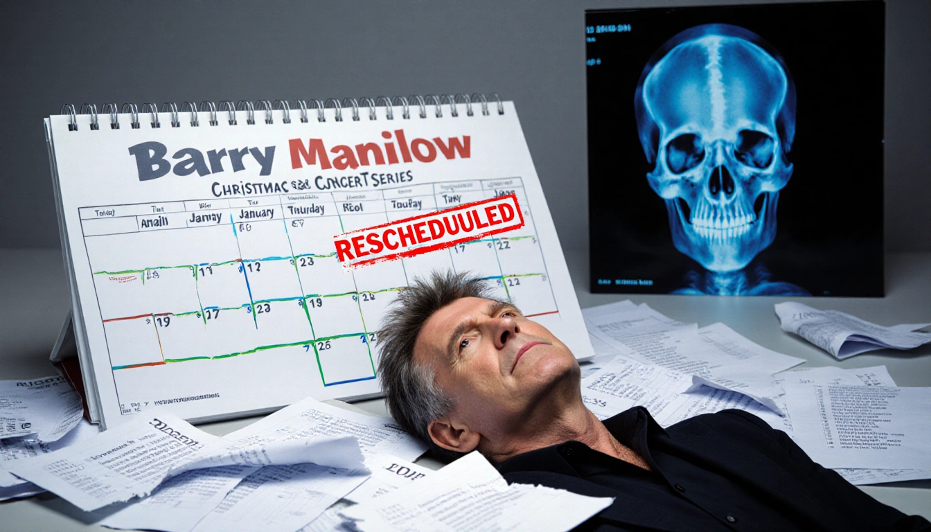 Barry Manilow sitting in front of a torn calendar with RESCHEDULED highlighted and scattered medical papers