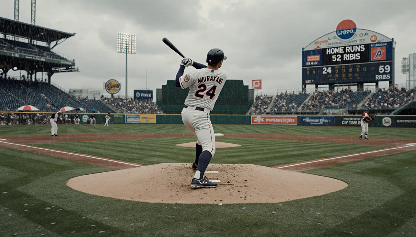 Munetaka Murakami throwing a fastball with a rainy Japanese baseball stadium backdrop and scoreboard showing stats