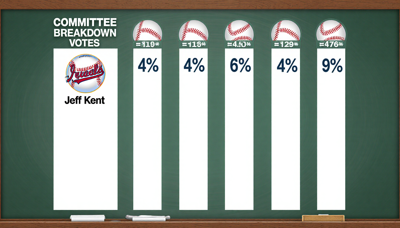 Whiteboard displays voting breakdown columns including Jeff Kent with baseball icons and bold colors.