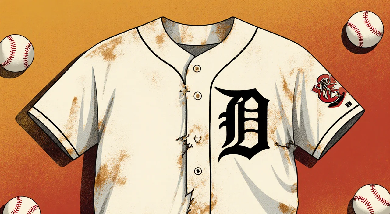 Worn team jersey showing faded logo with subtle tears and baseballs on warm gradient background