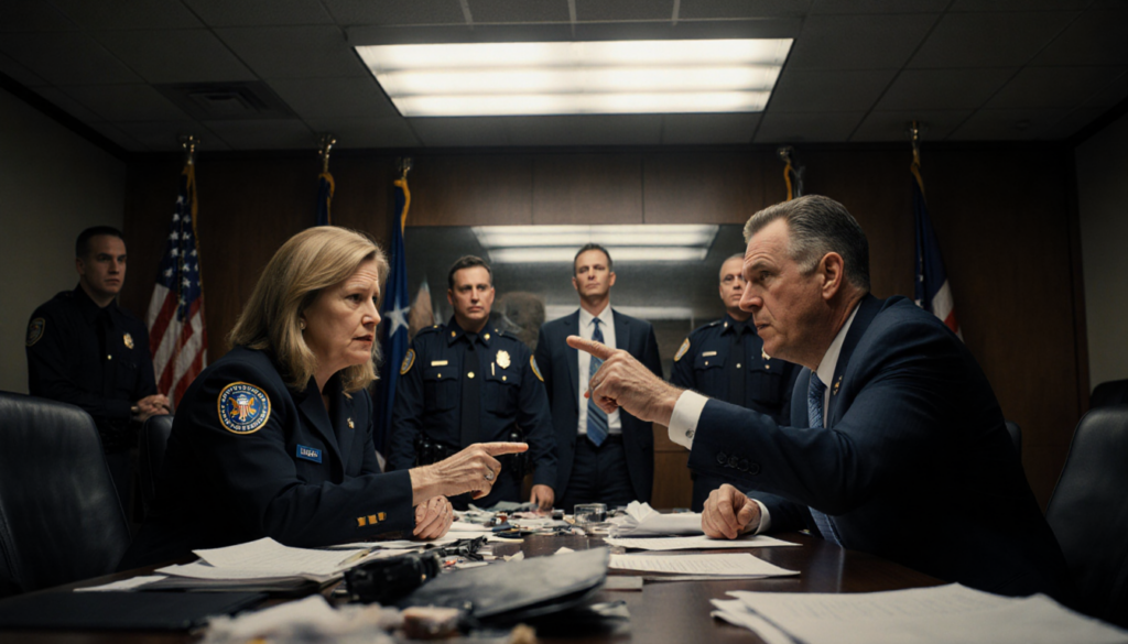 Two DHS officials pointing fingers at ICE & CBP officials with fluorescent lights above a cluttered conference table.