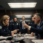 Two DHS officials pointing fingers at ICE & CBP officials with fluorescent lights above a cluttered conference table.