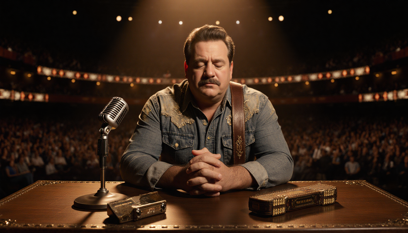 Jelly Roll sitting at the Grand Ole Opry stage with microphone in hand and clasped hands closed.
