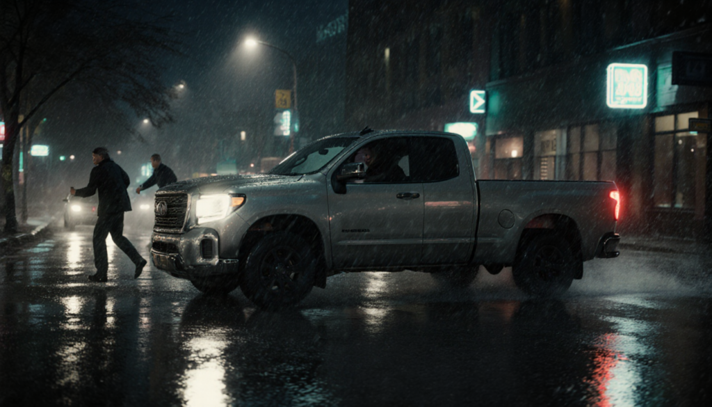 Silver pickup truck speeding down a rainy street with taillights casting long shadows on wet pavement.