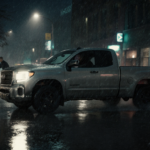 Silver pickup truck speeding down a rainy street with taillights casting long shadows on wet pavement.