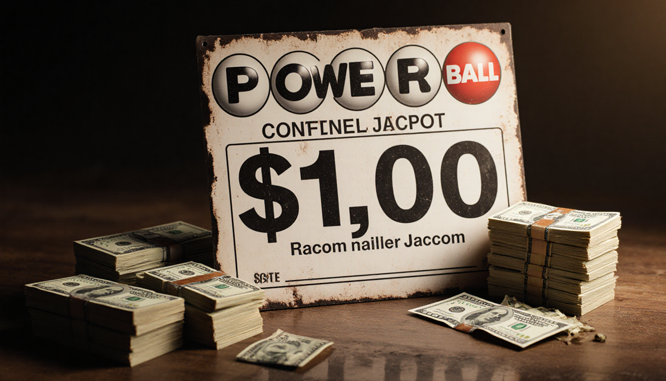 Large Powerball ticket holder is shown with stacks of dollar bills in varying denominations surrounding it.