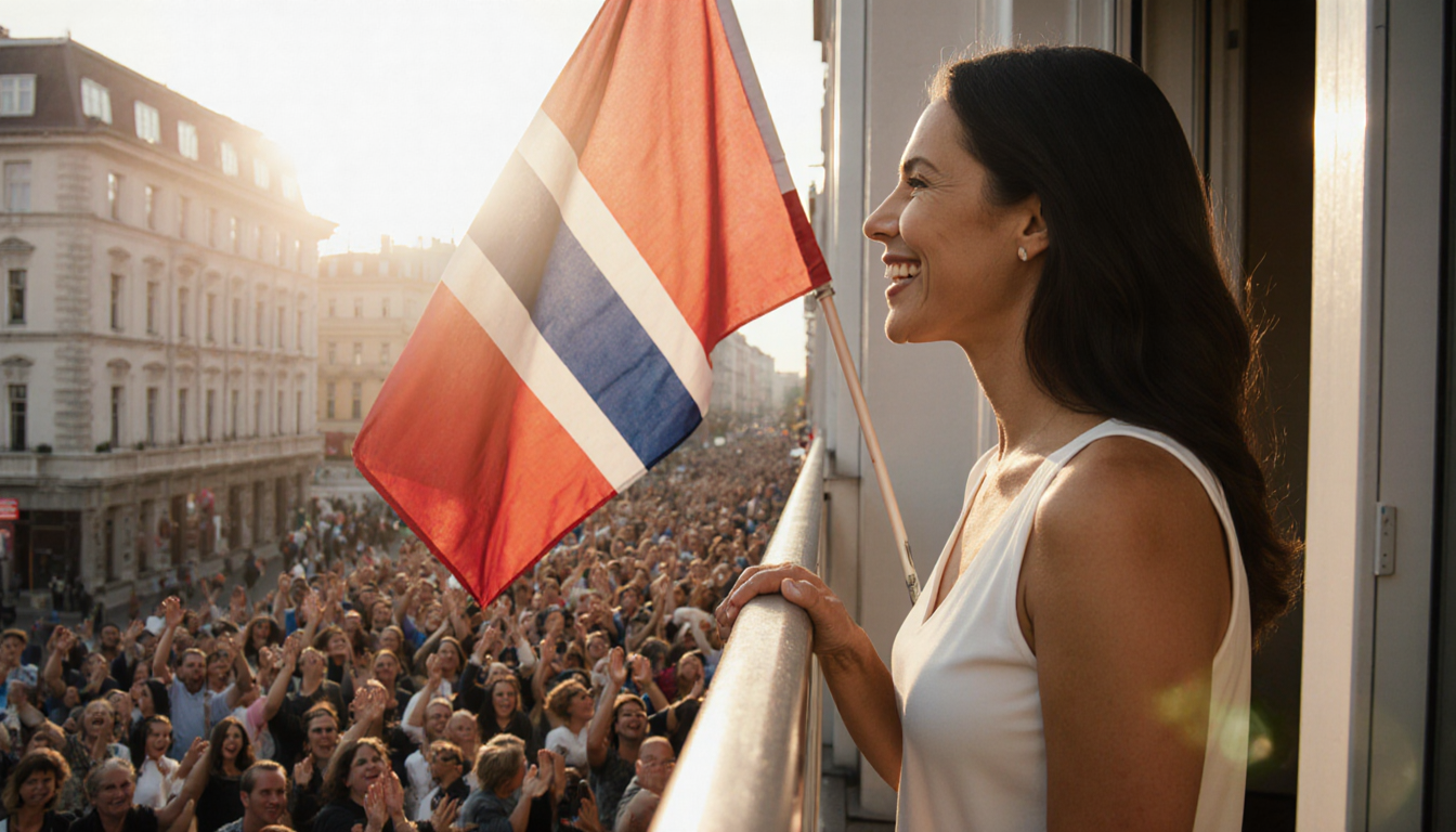 María Corina Machado smiling warmly at the cheering crowd gathered below with a vibrant Norwegian flag waving behind her.