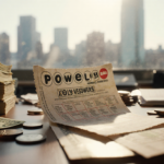 Powerball ticket is visible on cluttered desk with dollar bills scattered around it.
