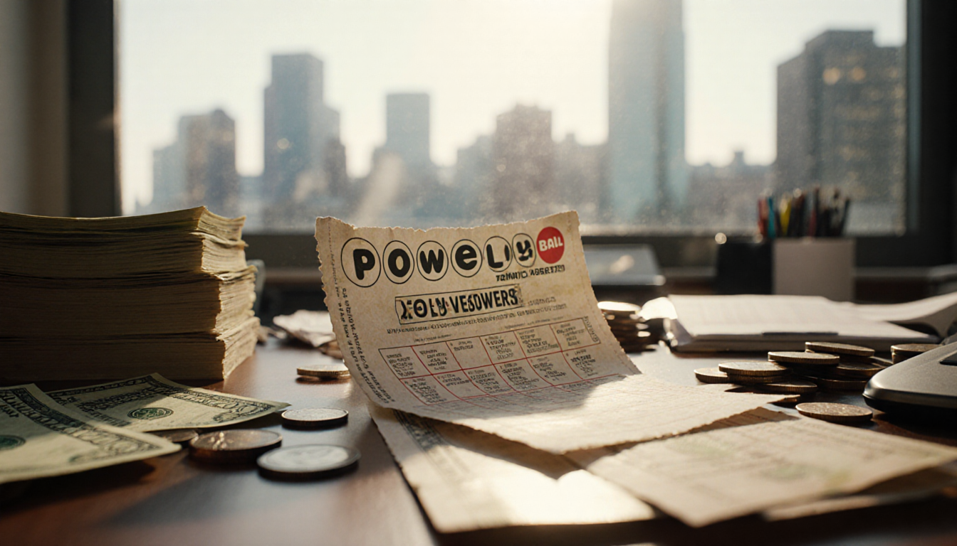 Powerball ticket is visible on cluttered desk with dollar bills scattered around it.