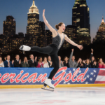 Figure skater jumps on ice rink surrounded by diverse crowd with Philadelphia skyline in background.