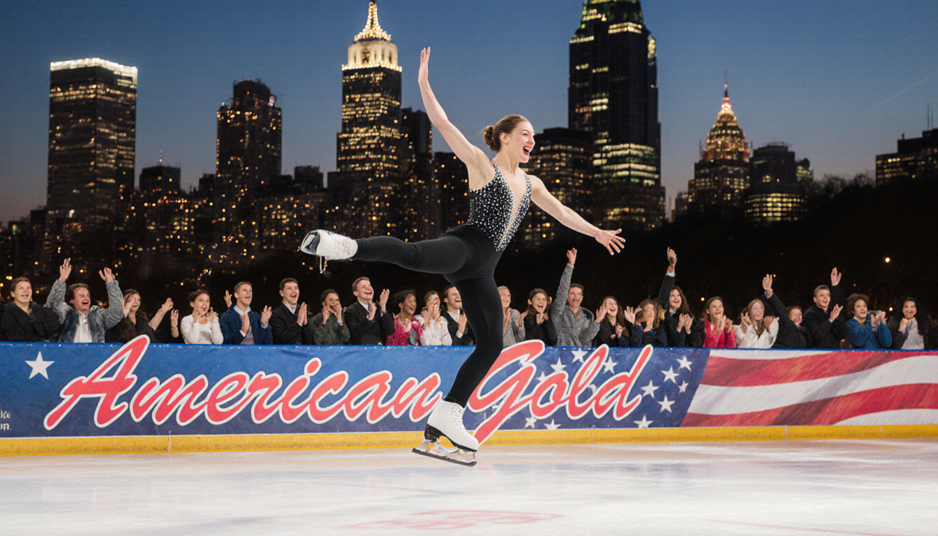 Figure skater jumps on ice rink surrounded by diverse crowd with Philadelphia skyline in background.