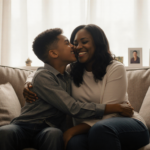 Sheinelle Jones smiling warmly with her 16-year-old son on a cozy couch in a warm studio setting.
