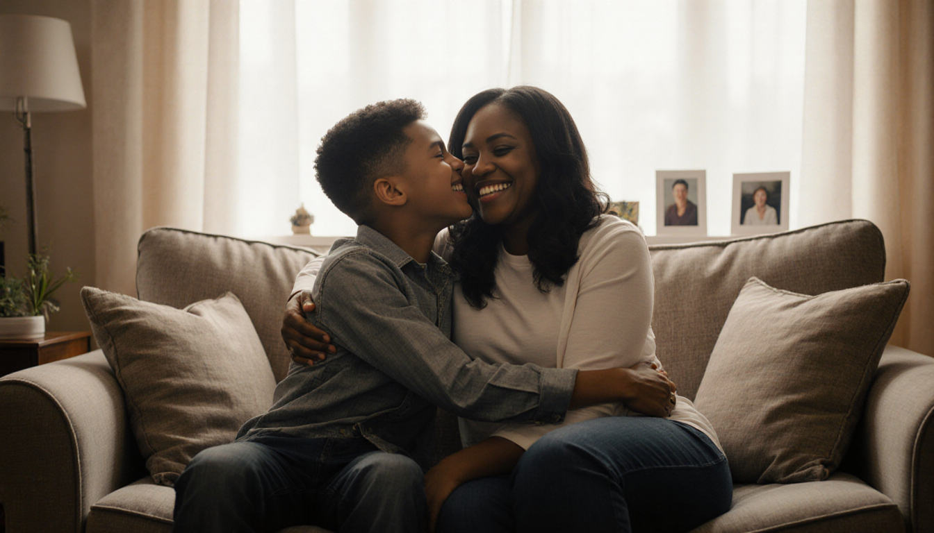 Sheinelle Jones smiling warmly with her 16-year-old son on a cozy couch in a warm studio setting.