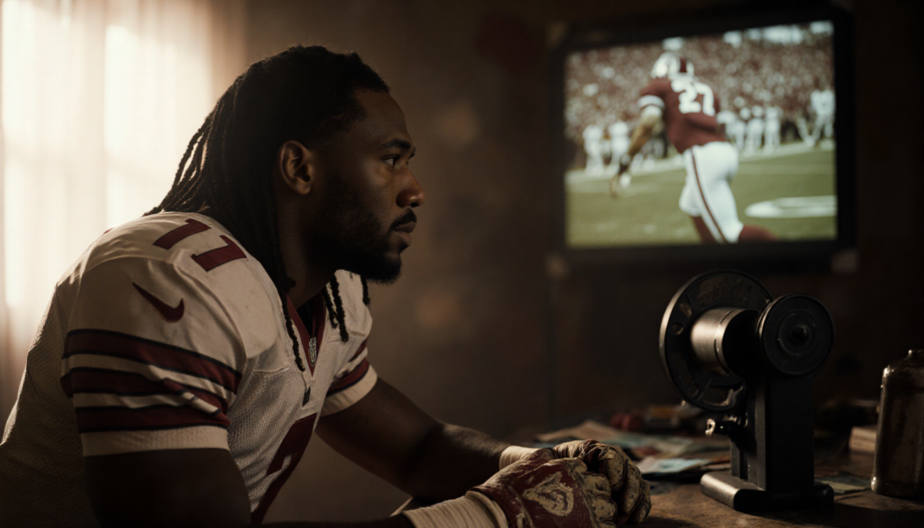 Jalen Hurts studying footage from college football days with worn-out gloves and faded jersey in background.