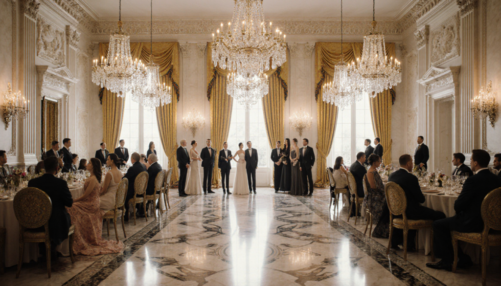 Guests gathered near crystal fixtures are poised elegantly in the grand House ballroom with polished marble floors and opulen