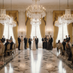 Guests gathered near crystal fixtures are poised elegantly in the grand House ballroom with polished marble floors and opulen