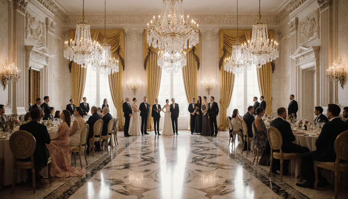 Guests gathered near crystal fixtures are poised elegantly in the grand House ballroom with polished marble floors and opulen