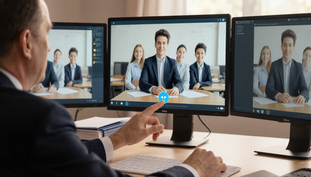Radnor High School principal sits at desk, hands on screen, with blurred AI-generated video footage.