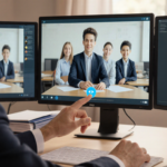 Radnor High School principal sits at desk, hands on screen, with blurred AI-generated video footage.