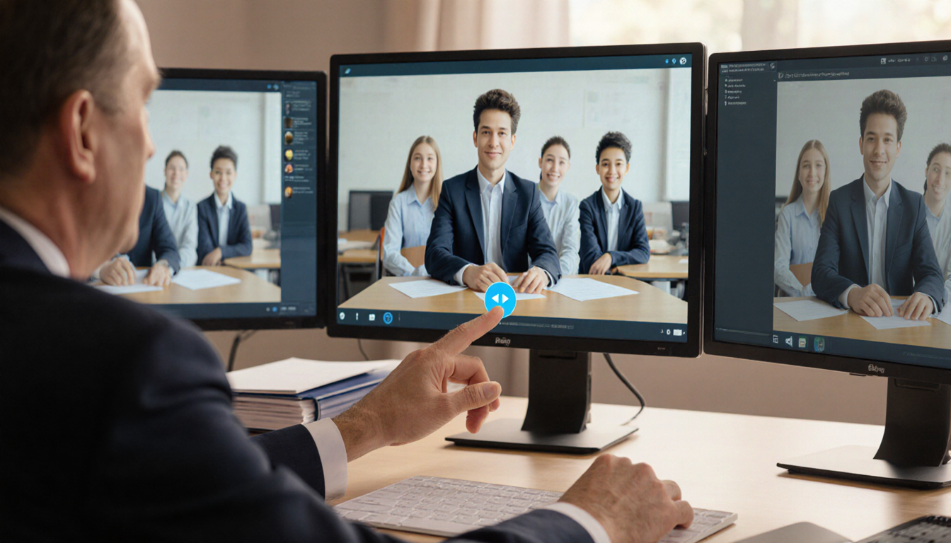 Radnor High School principal sits at desk, hands on screen, with blurred AI-generated video footage.