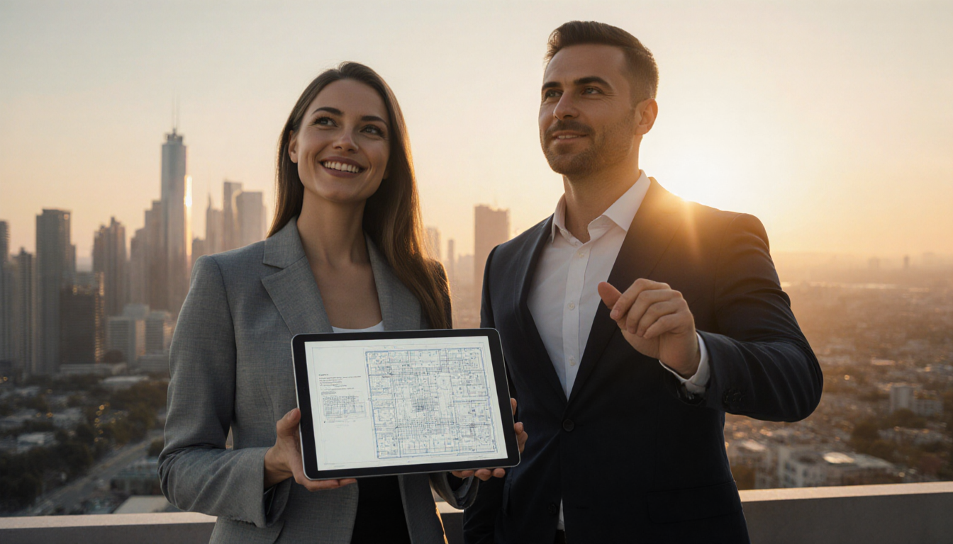 Two visionary leaders standing side by side with modern cityscape at sunset in background.
