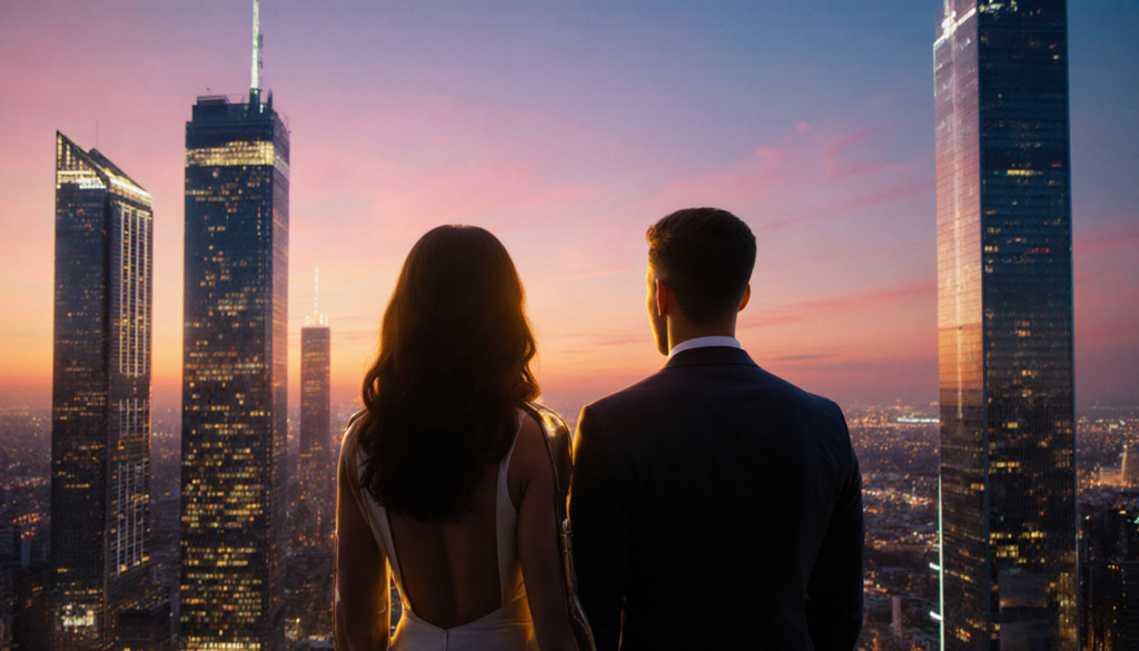Two powerful figures standing side by side gaze out at a breathtaking cityscape at sunset with sleek skyscrapers and neon lig