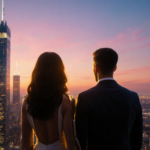 Two powerful figures standing side by side gaze out at a breathtaking cityscape at sunset with sleek skyscrapers and neon lig