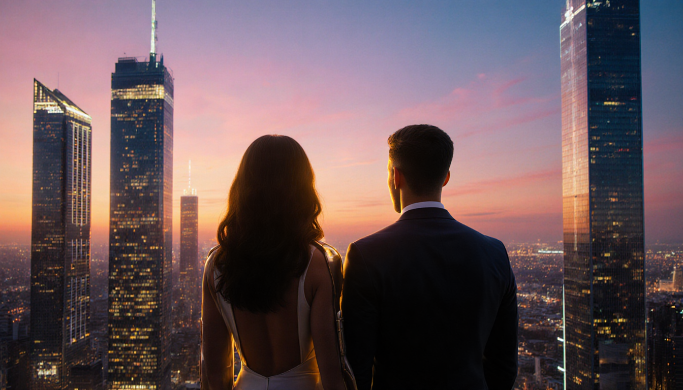 Two powerful figures standing side by side gaze out at a breathtaking cityscape at sunset with sleek skyscrapers and neon lig