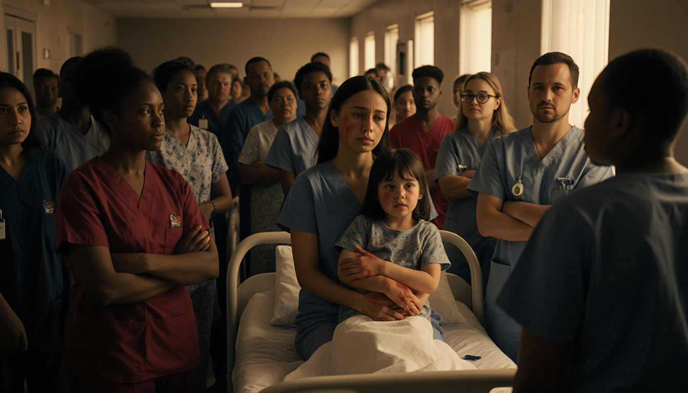 Young mother holding her child sits on a hospital bed with concerned healthcare workers near in the background.