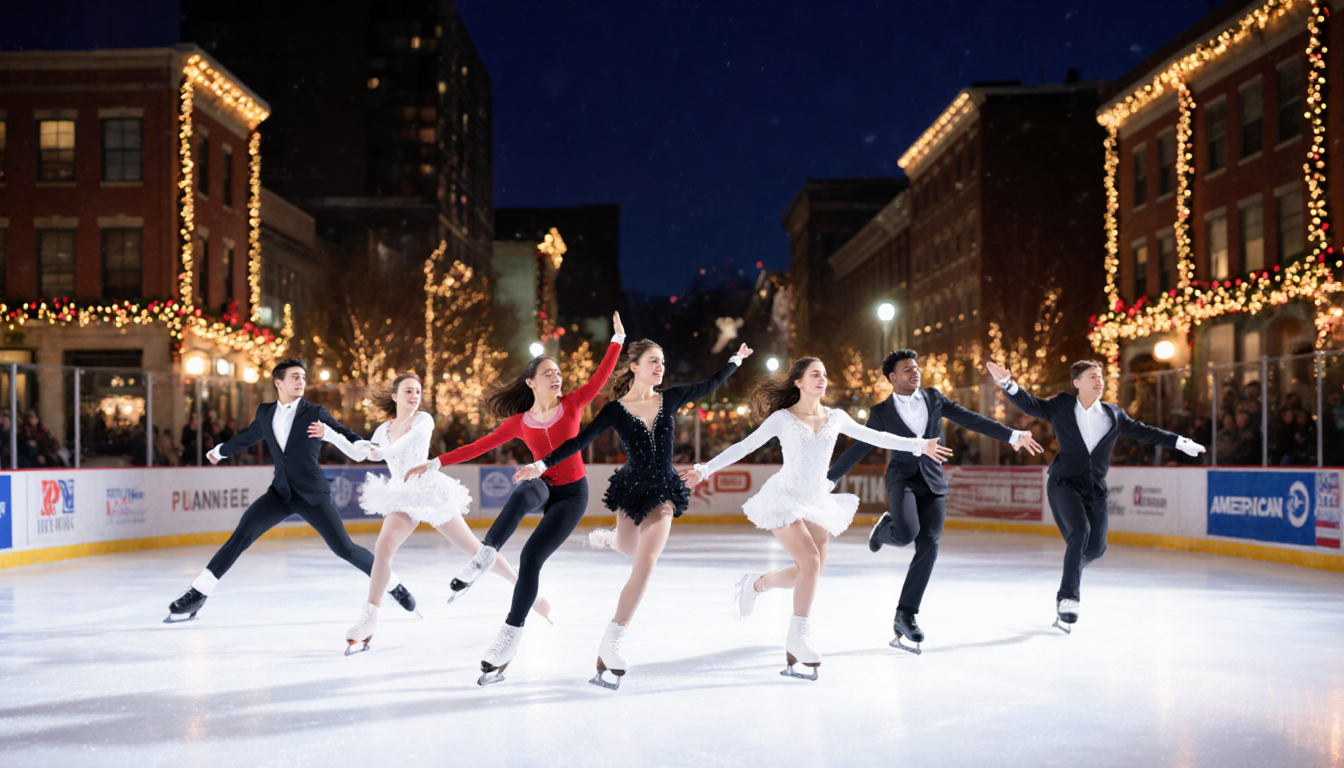 Figure skaters performing on ice rink with decorated buildings in background.